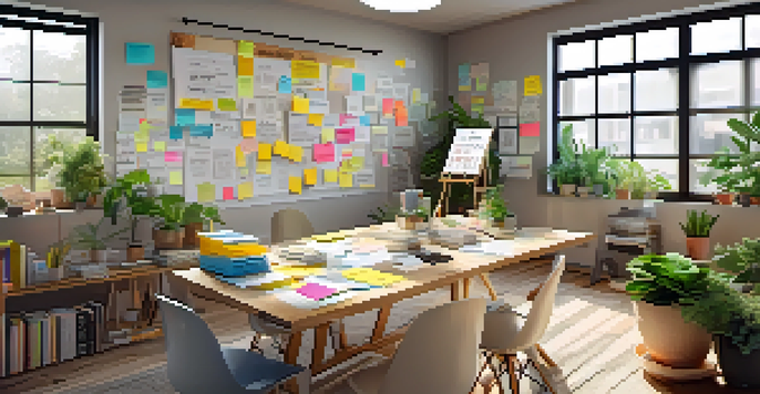 A bright and inviting workspace featuring a large wooden table with brainstorming notes, sticky notes, and a laptop, surrounded by plants and motivational posters.