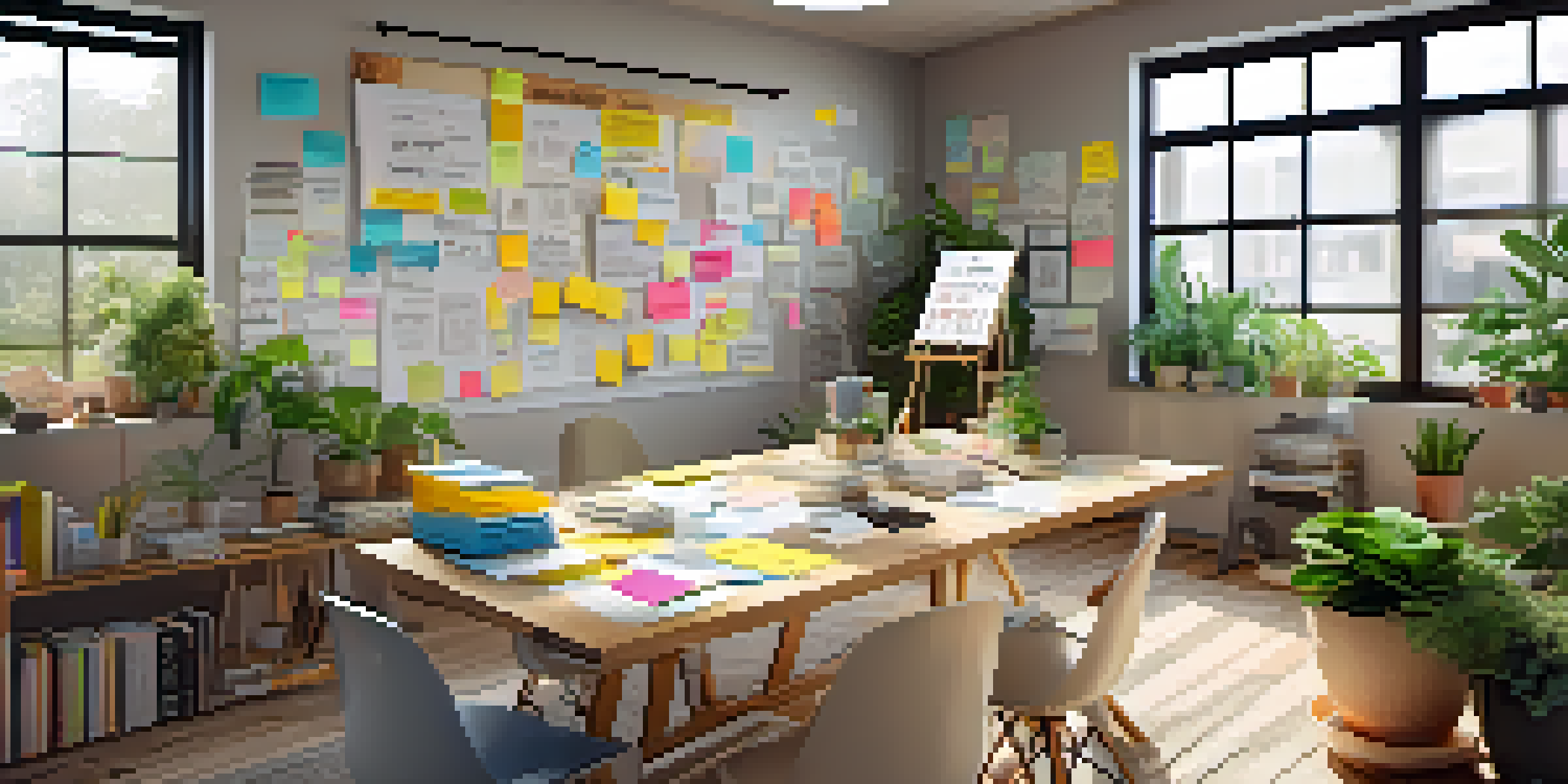 A bright and inviting workspace featuring a large wooden table with brainstorming notes, sticky notes, and a laptop, surrounded by plants and motivational posters.
