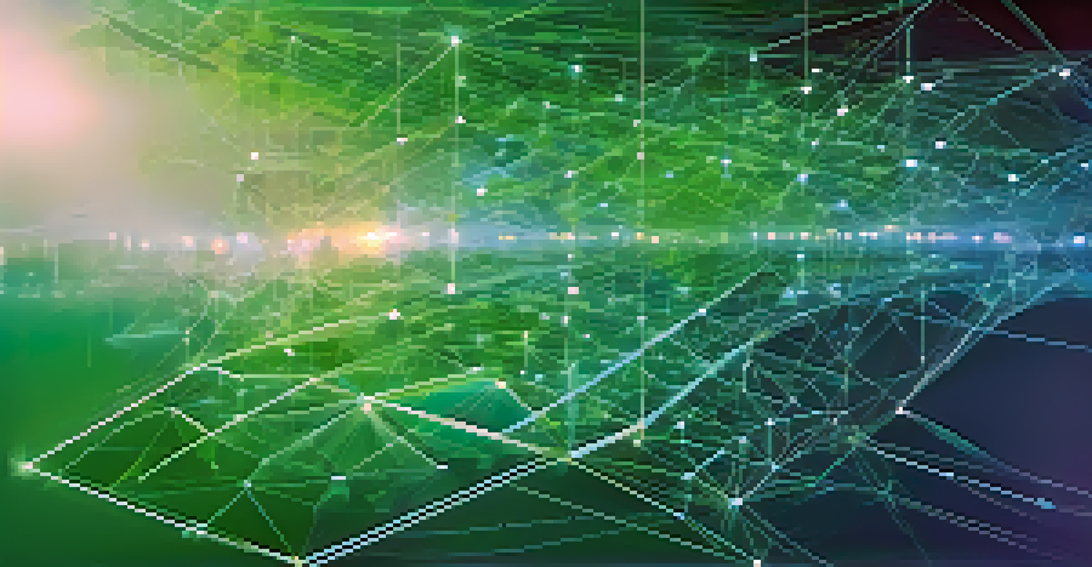 An abstract digital artwork illustrating transparency in business with glowing nodes and data visualizations on a blue-green gradient background.