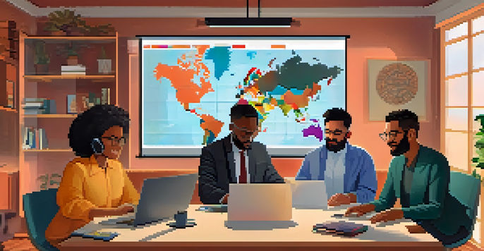 A diverse group of people in a video call, wearing cultural attire, surrounded by modern home office decor and a world map.