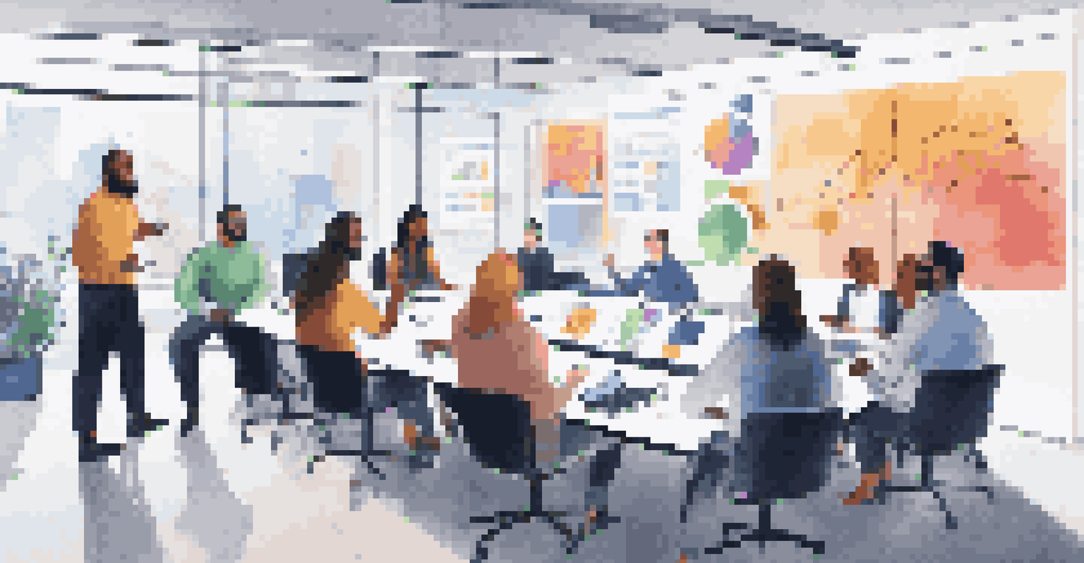A virtual team meeting displayed on a large screen, with employees engaged in conversation while a diverse group collaborates around a table in a modern office.