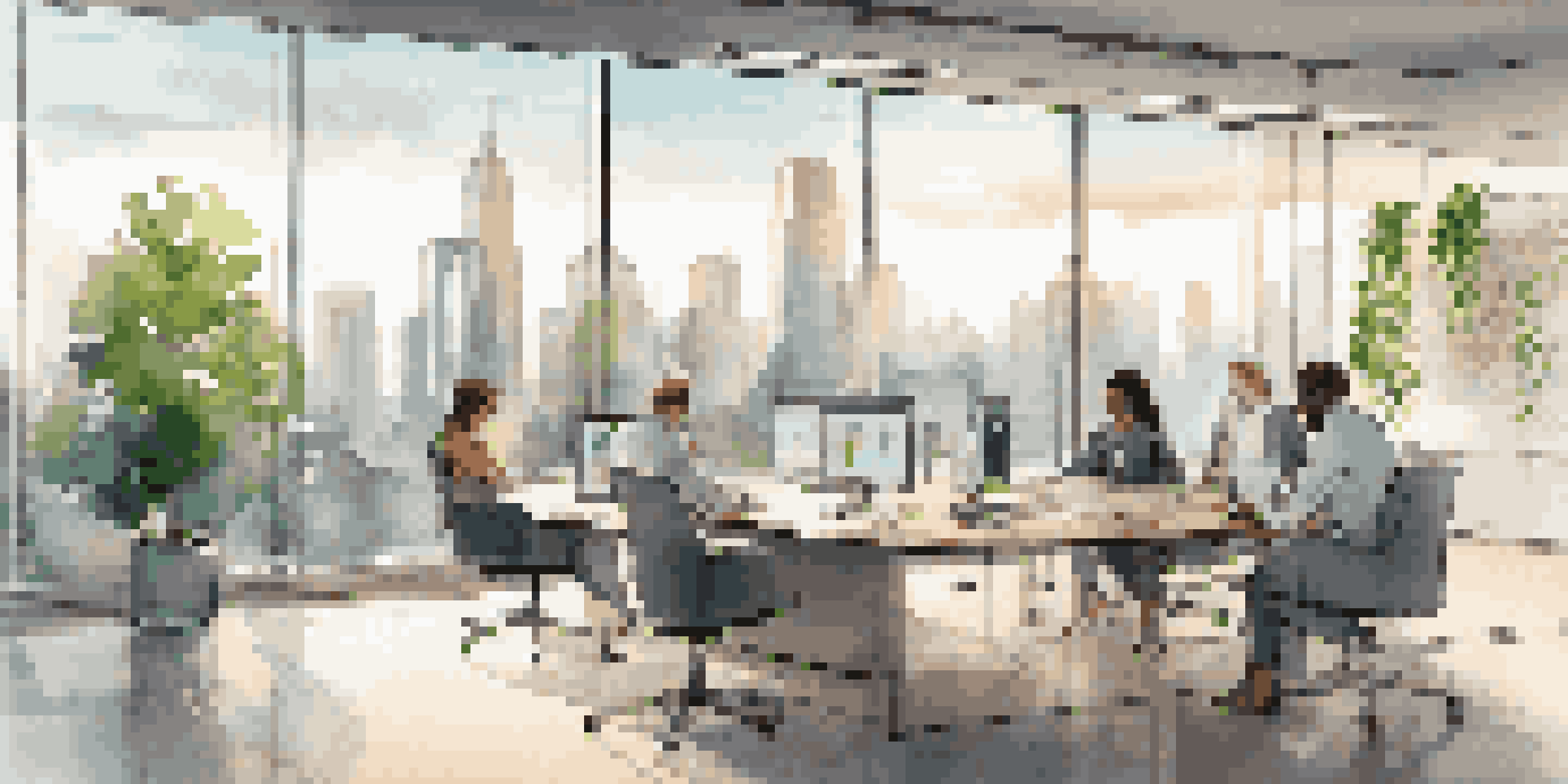 A modern office with a city view, featuring data analytics on a screen and diverse professionals in discussion.