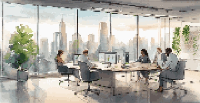 A modern office with a city view, featuring data analytics on a screen and diverse professionals in discussion.