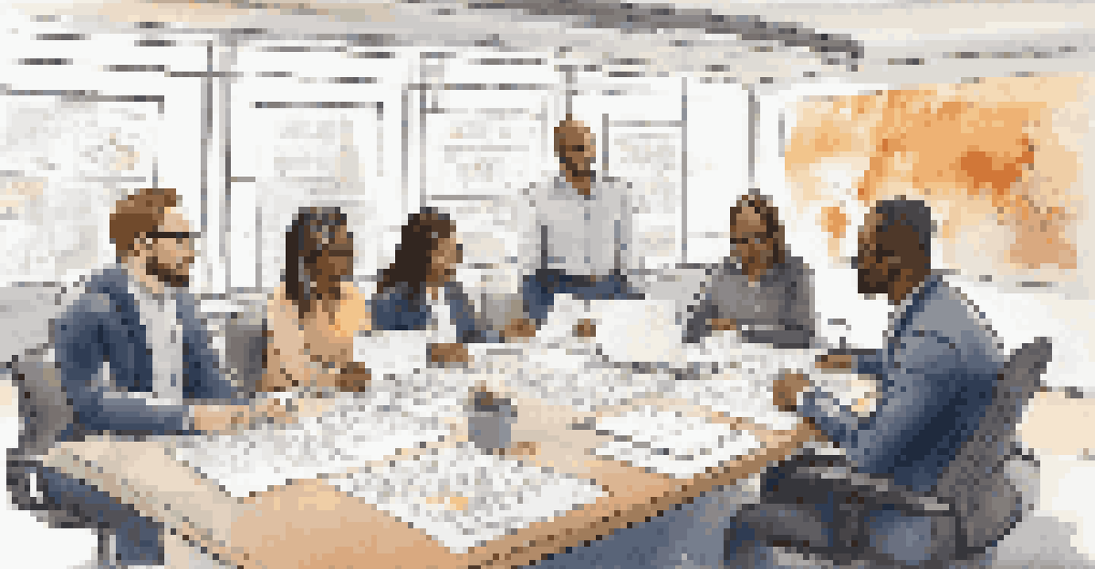 A diverse team collaborating around a conference table, reviewing a business continuity plan with documents and laptops present, in a warm, inviting environment.
