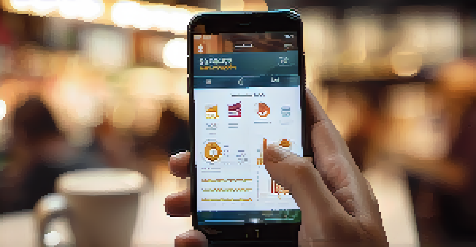 A close-up of a hand holding a smartphone showing a market research app with graphs and statistics, set in a coffee shop.