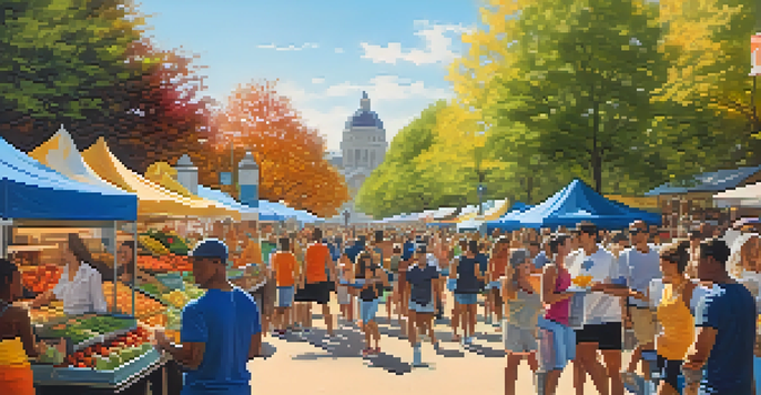 A lively outdoor market filled with young adults, showcasing fitness activities and healthy foods under a sunny sky.