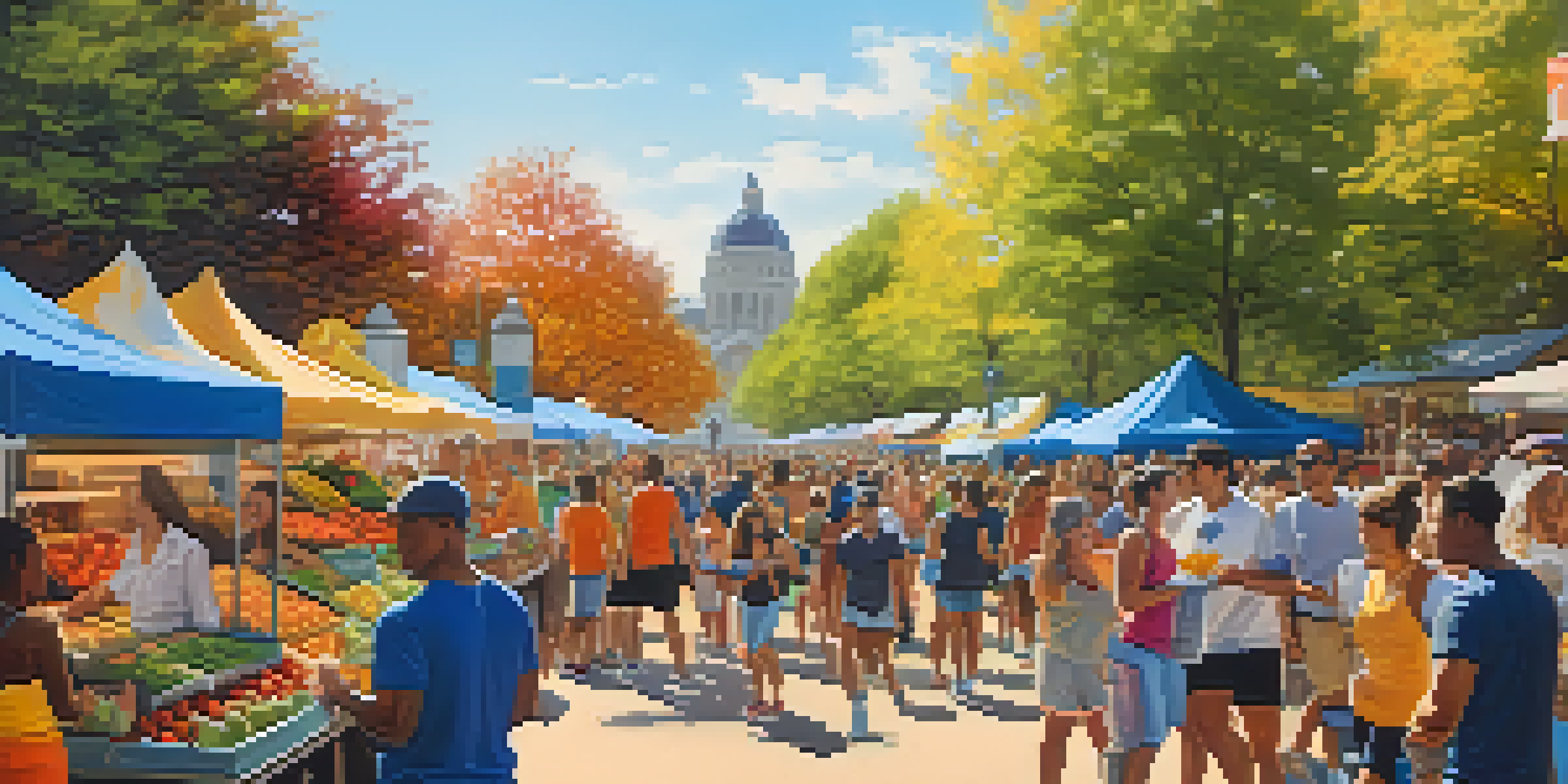 A lively outdoor market filled with young adults, showcasing fitness activities and healthy foods under a sunny sky.