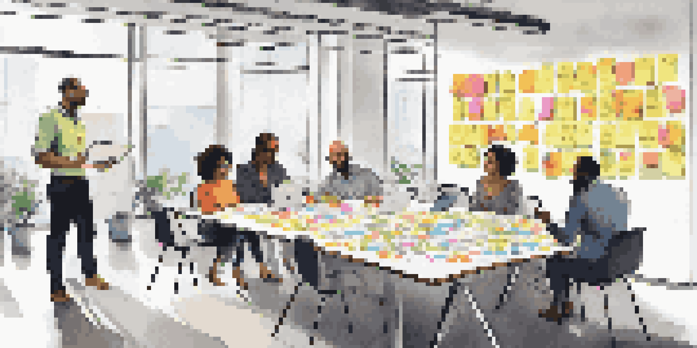 A diverse team of professionals collaborating and brainstorming in a bright, modern office setting.