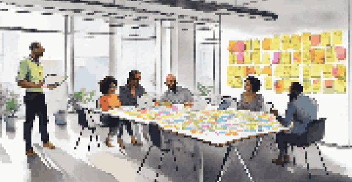 A diverse team of professionals collaborating and brainstorming in a bright, modern office setting.