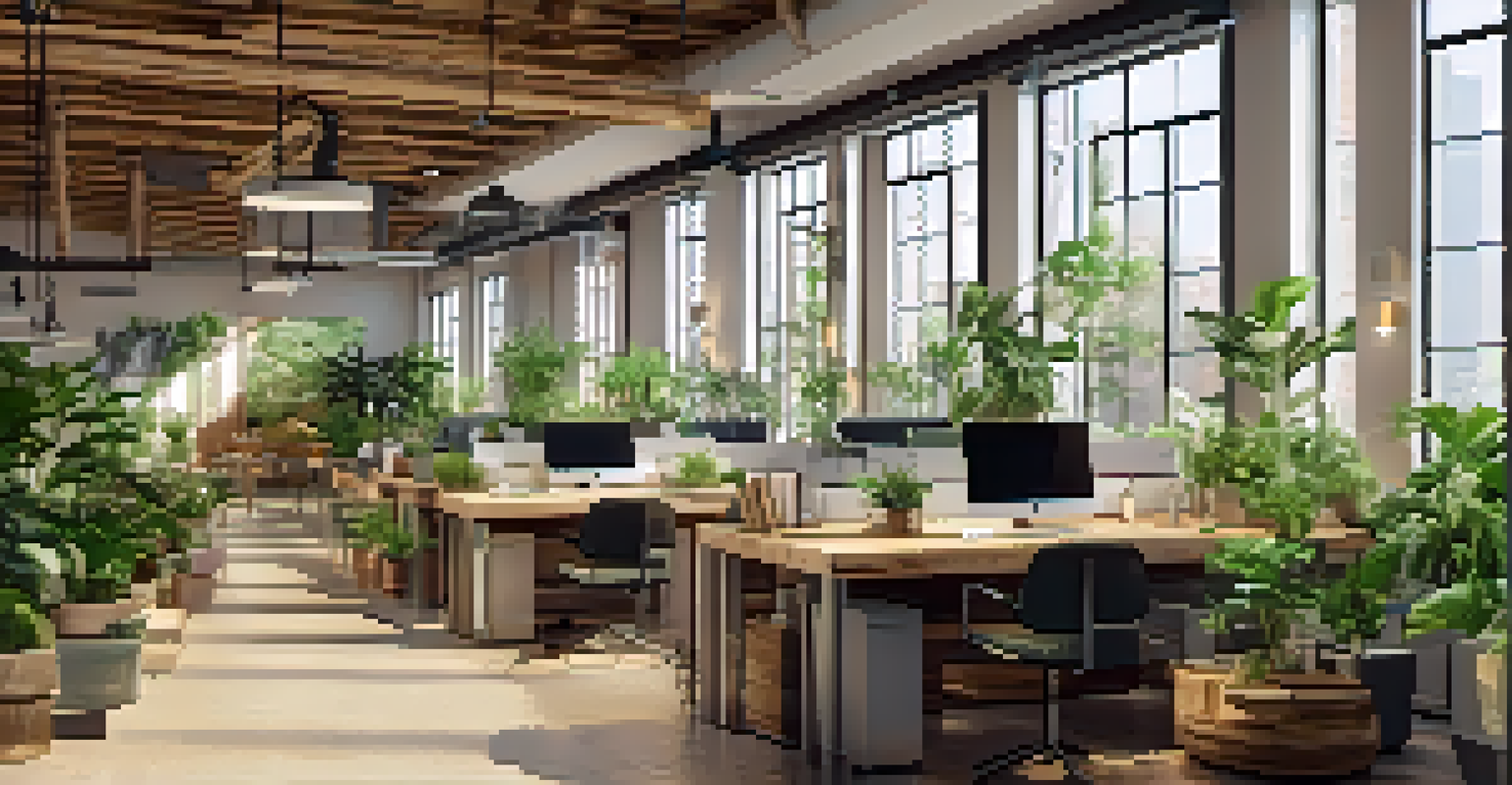 An eco-friendly office space with natural light, plants, and employees collaborating at a reclaimed wooden table, highlighting sustainable design.