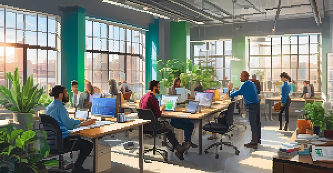 A diverse group of employees working together at a table with charts and laptops, in a bright office with plants.