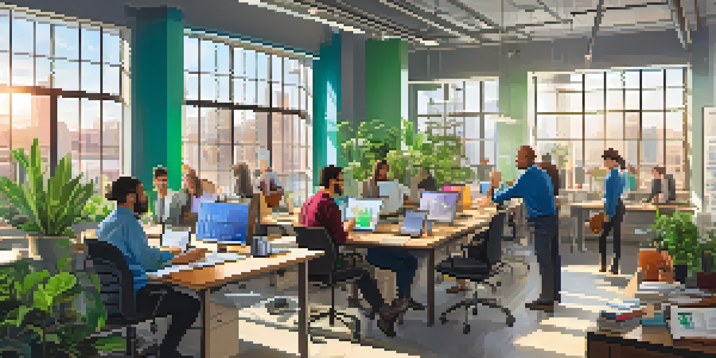 A diverse group of employees working together at a table with charts and laptops, in a bright office with plants.