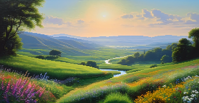 A tranquil green valley with colorful wildflowers, a flowing stream, and misty mountains in the background.