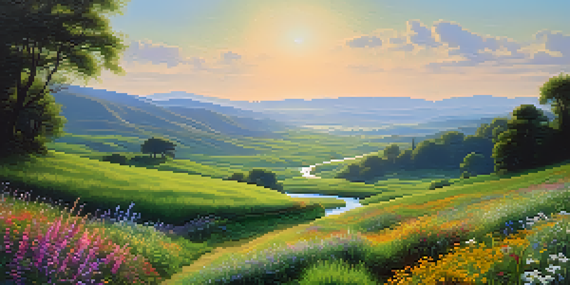 A tranquil green valley with colorful wildflowers, a flowing stream, and misty mountains in the background.