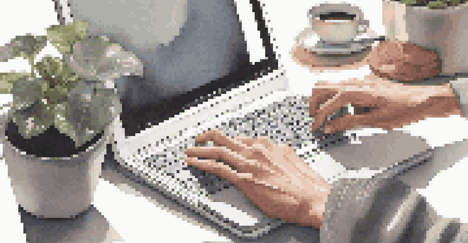 Close-up of hands typing on a laptop with a notepad and pen beside it in a minimalistic workspace with soft lighting.