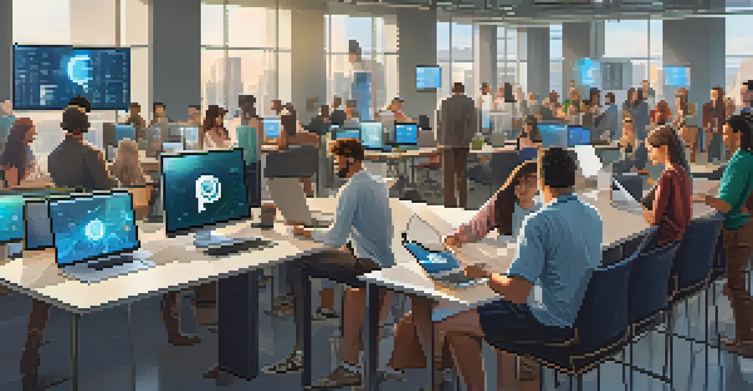 A diverse group of individuals working together in a modern workspace with digital devices and cryptocurrency data on screens.