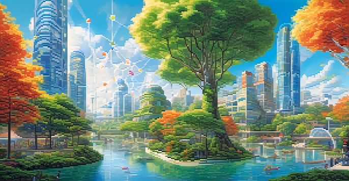 A colorful network of interconnected organizations represented by unique buildings, surrounded by greenery and water, under a bright blue sky with soft clouds.