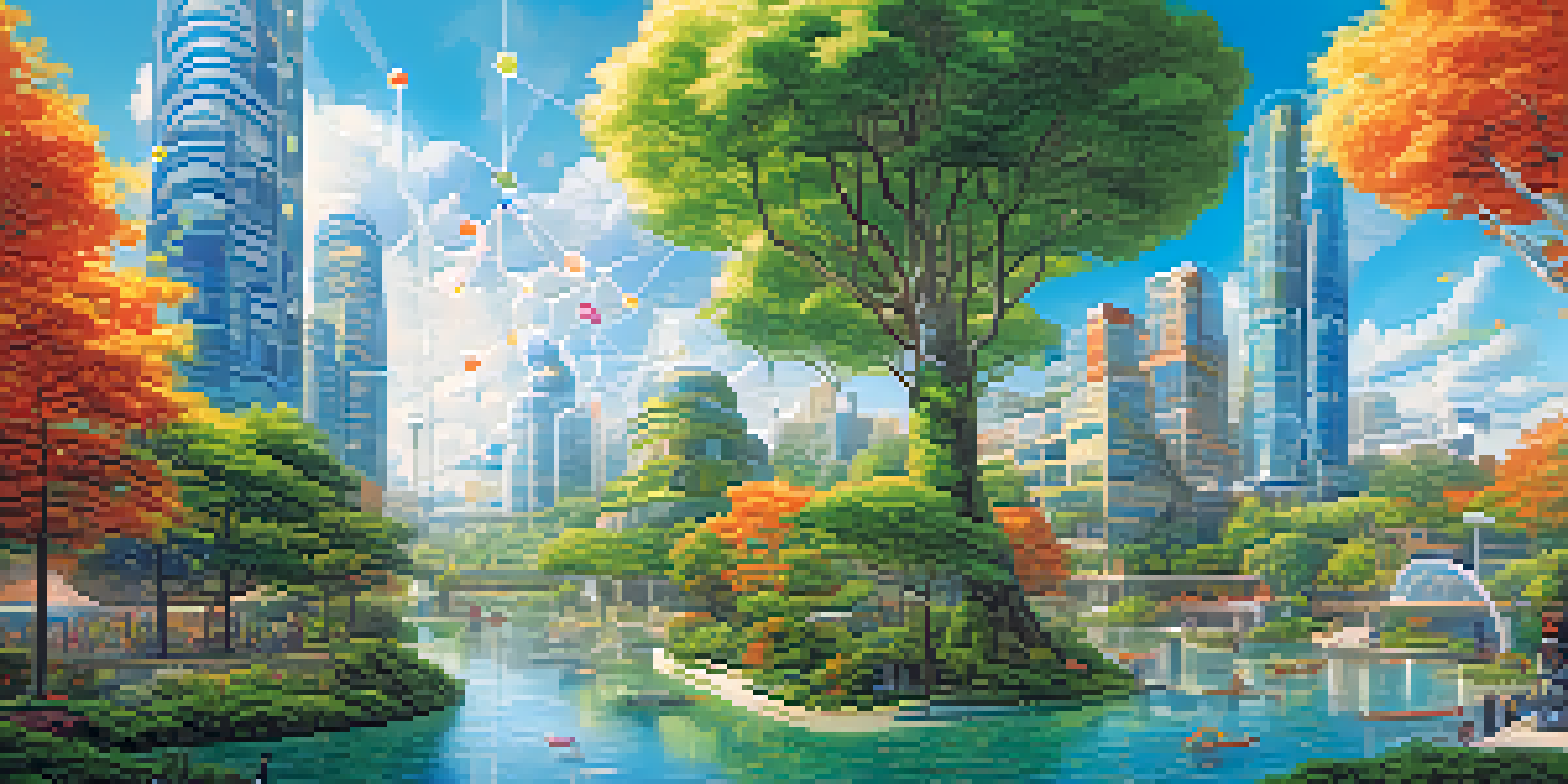 A colorful network of interconnected organizations represented by unique buildings, surrounded by greenery and water, under a bright blue sky with soft clouds.