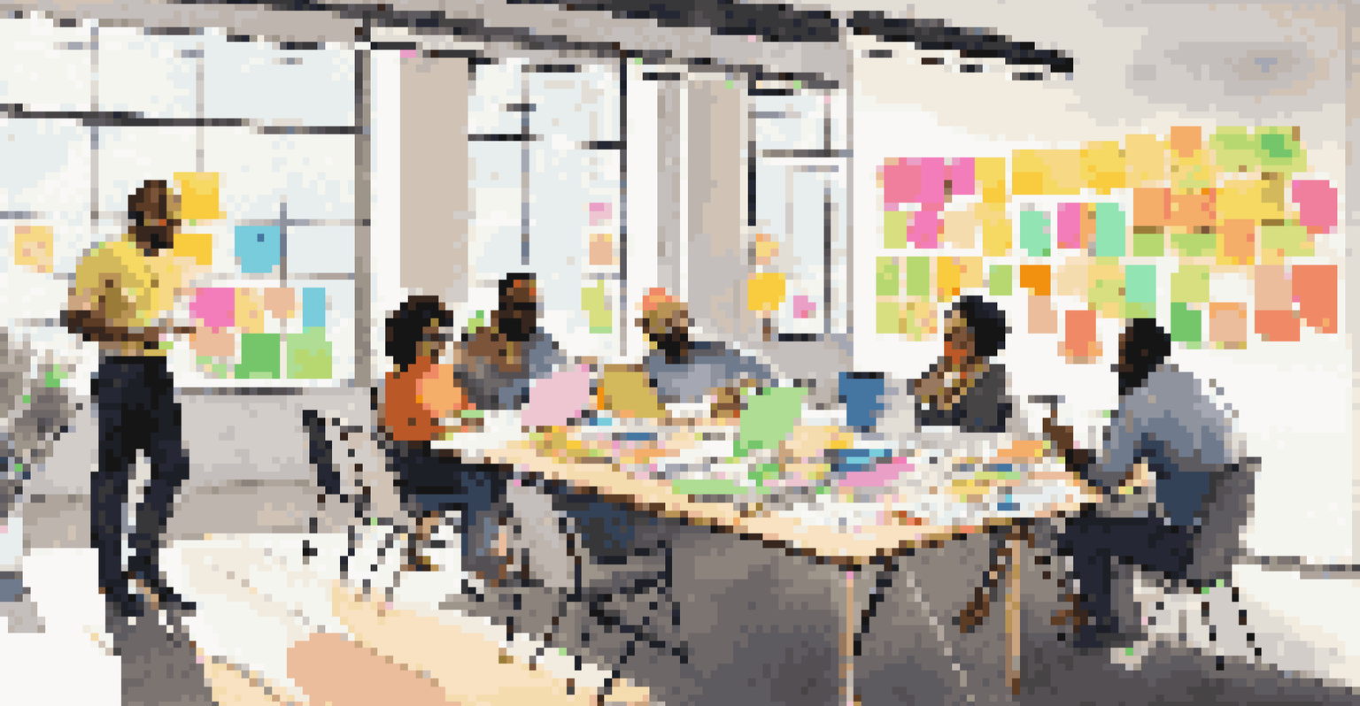 A diverse team of employees collaborating around a table with sticky notes and laptops in a brightly lit room.