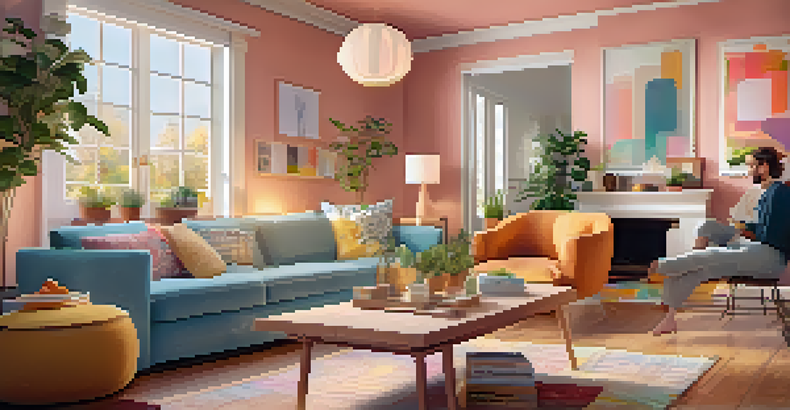 A person using augmented reality glasses to visualize furniture in a living room, with colorful interface options.
