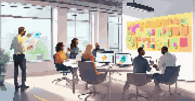 A diverse team in a bright office collaborating on a digital whiteboard during a brainstorming session.