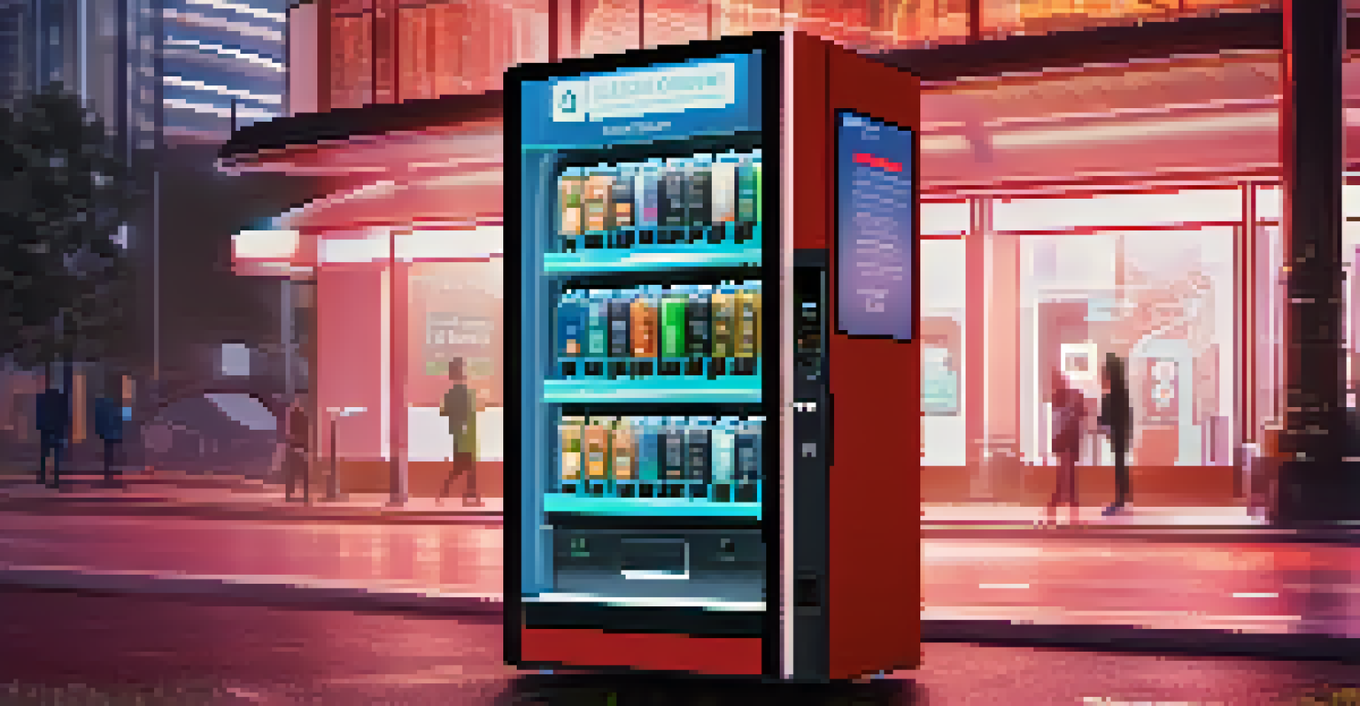 A futuristic vending machine with digital screens showing transaction details, set in a modern environment with ambient lighting.