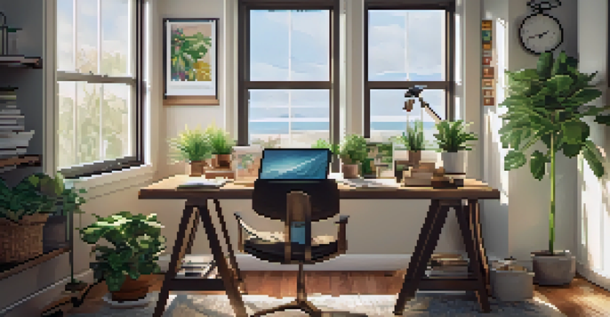 A home office with a laptop, coffee cup, houseplants, and motivational artwork on the walls.