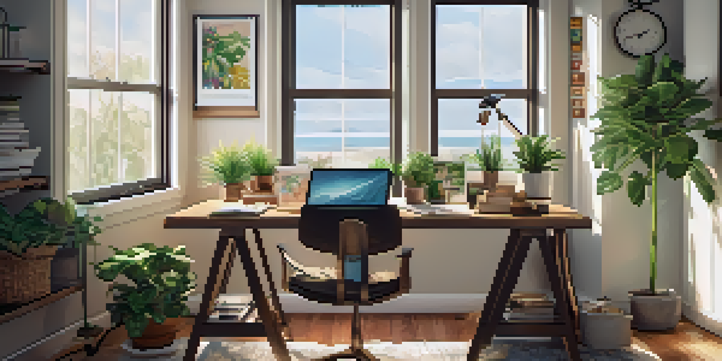 A home office with a laptop, coffee cup, houseplants, and motivational artwork on the walls.