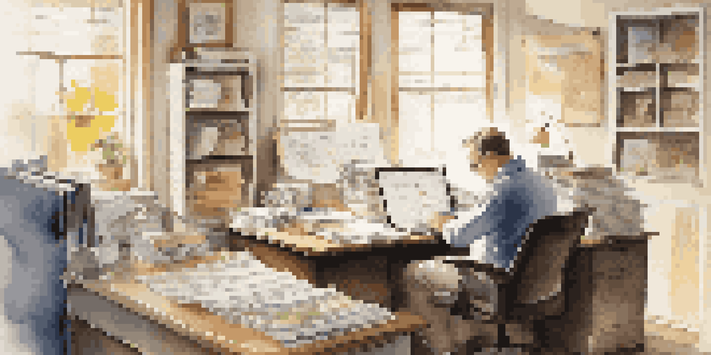 A middle-aged business owner in an office, deep in thought about succession planning, with papers and a laptop on the desk, and soft sunlight illuminating the room.