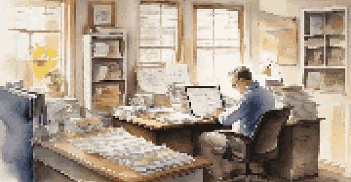 A middle-aged business owner in an office, deep in thought about succession planning, with papers and a laptop on the desk, and soft sunlight illuminating the room.
