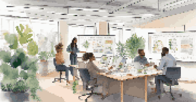 A diverse group of professionals in a bright office, discussing ethical supply chain strategies, with a whiteboard filled with notes.