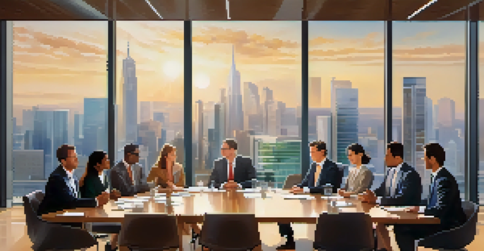 A diverse group of business people in a modern conference room, collaborating and discussing global business ethics.