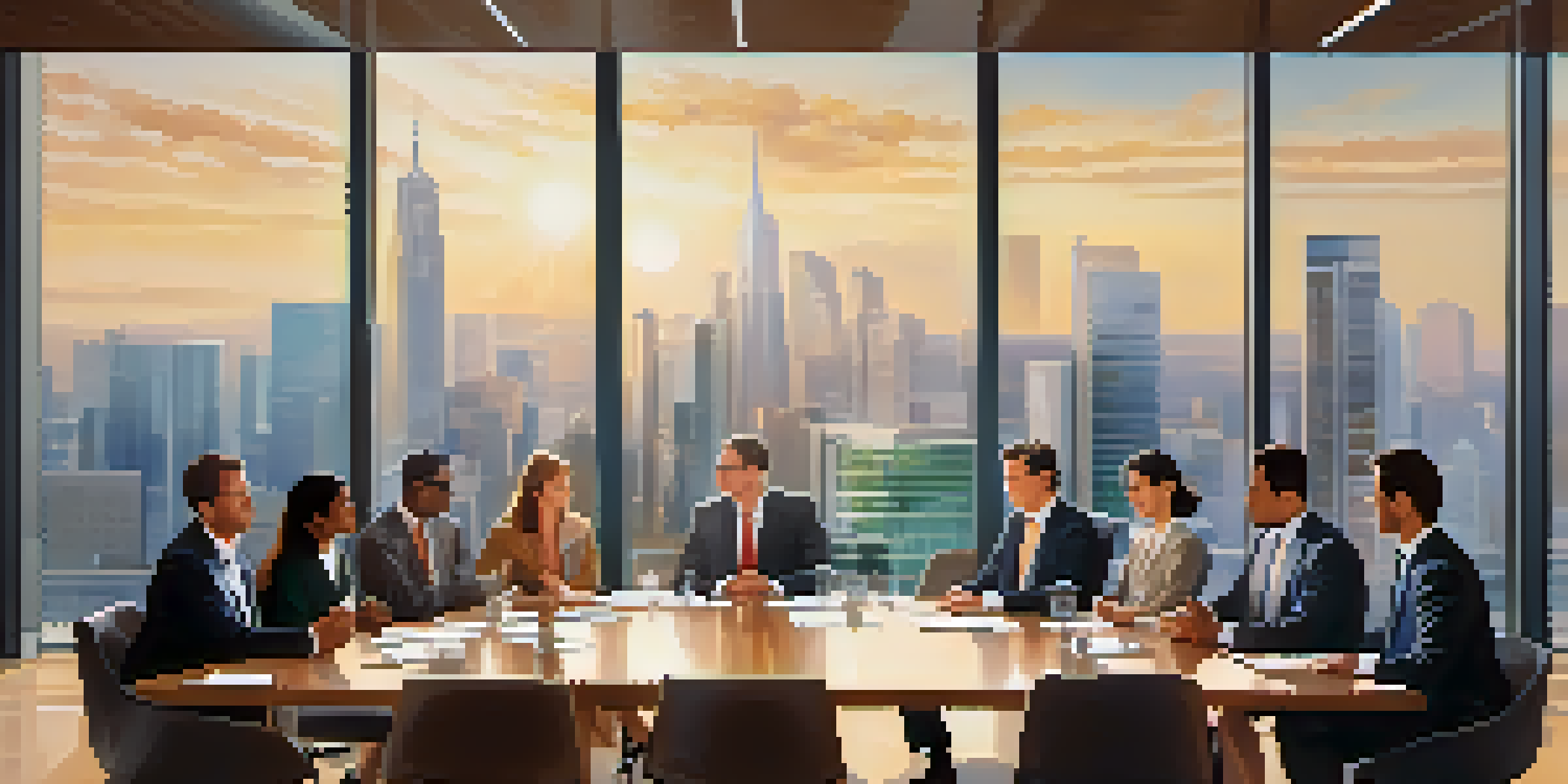 A diverse group of business people in a modern conference room, collaborating and discussing global business ethics.