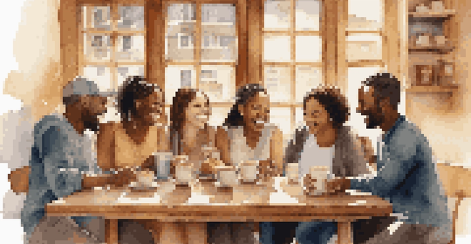 A diverse group of friends enjoying coffee and pastries in a cozy coffee shop, with warm lighting and a sunny view outside.
