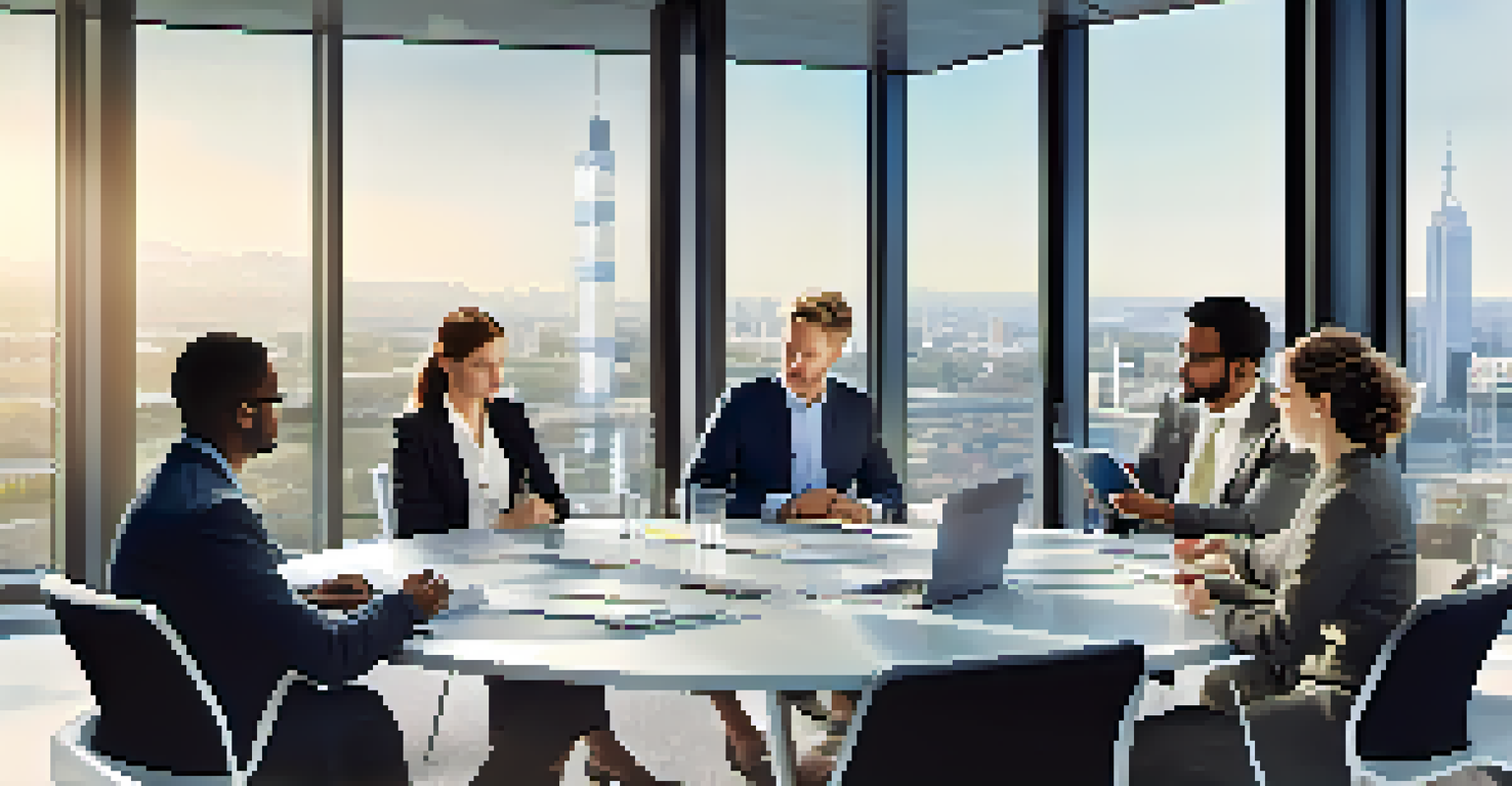 A group of diverse professionals negotiating around a round table with laptops and documents.