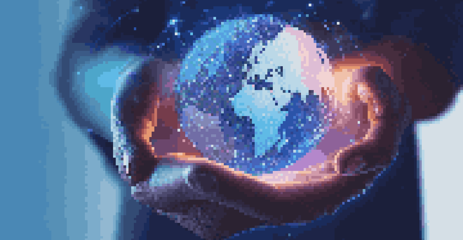 A hand holding a glowing globe representing AI, with swirling data points and faint industry outlines in the background.