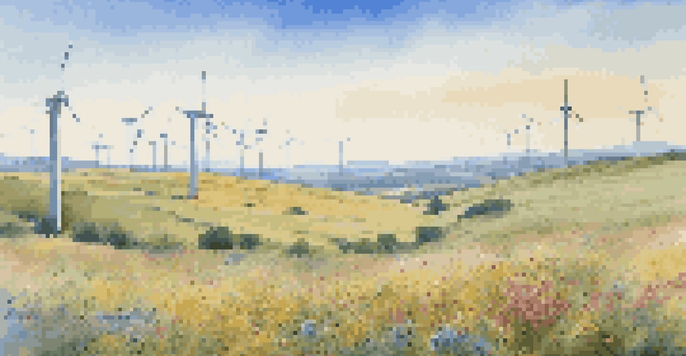 A peaceful landscape with wind turbines in a field, colorful wildflowers in the foreground, and rolling hills under a clear blue sky.