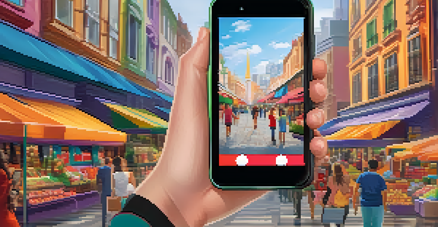 A smartphone displaying an online store with colorful products, set against a blurred city street background.