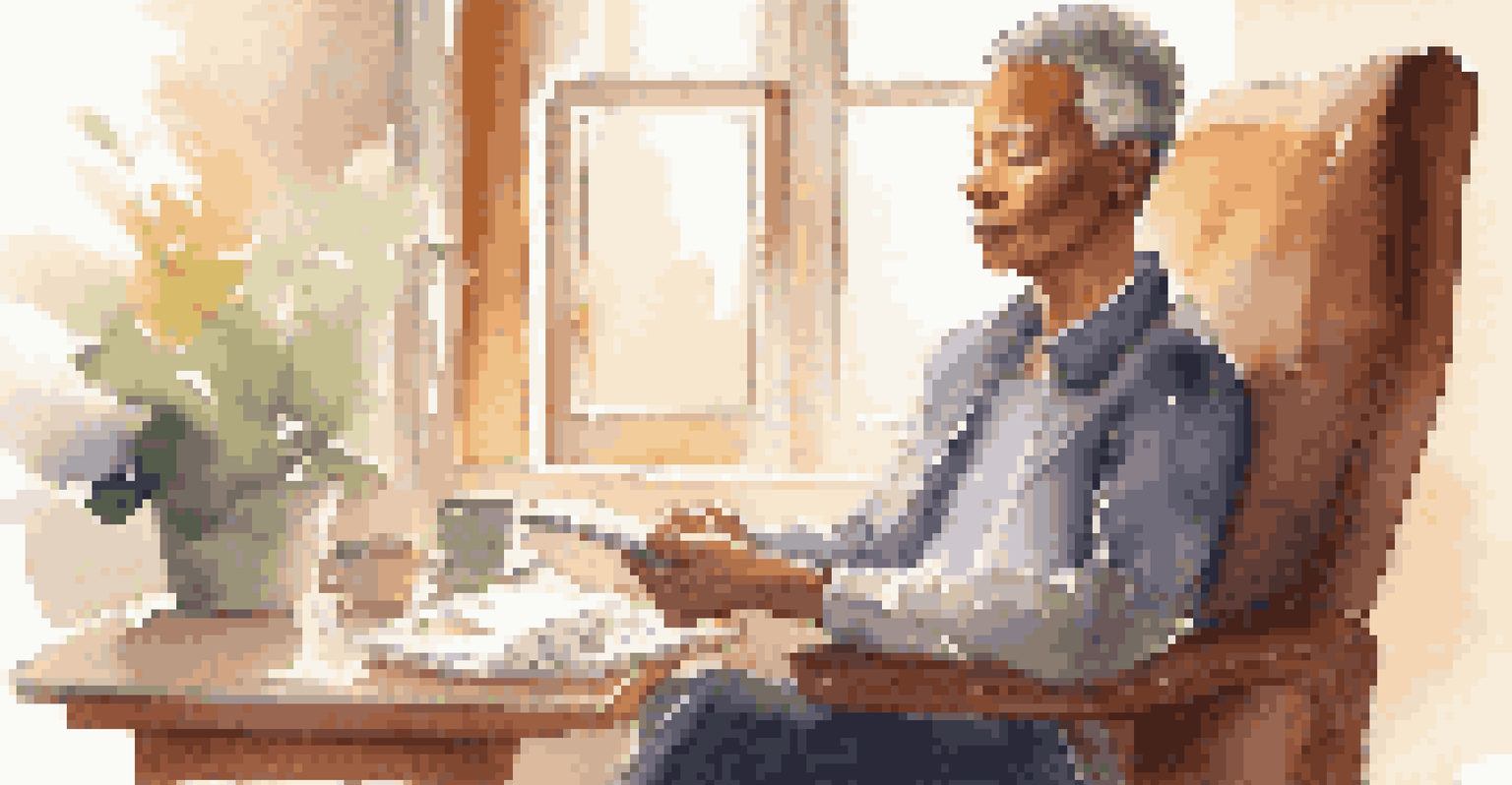 A person sitting in a cozy chair, engaged in mindfulness with a notebook and a cup of tea, surrounded by warm light.