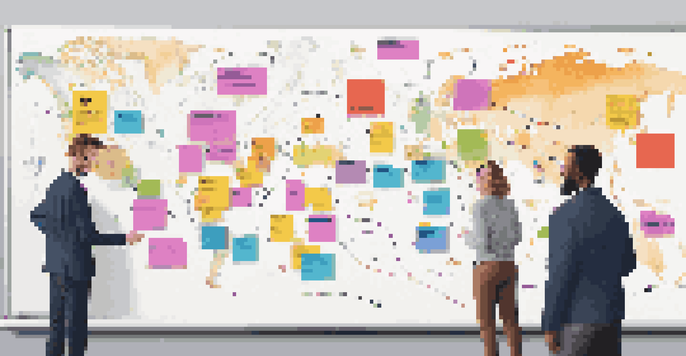 A team collaborating around a whiteboard filled with a colorful customer journey map, showcasing various touchpoints and personas.