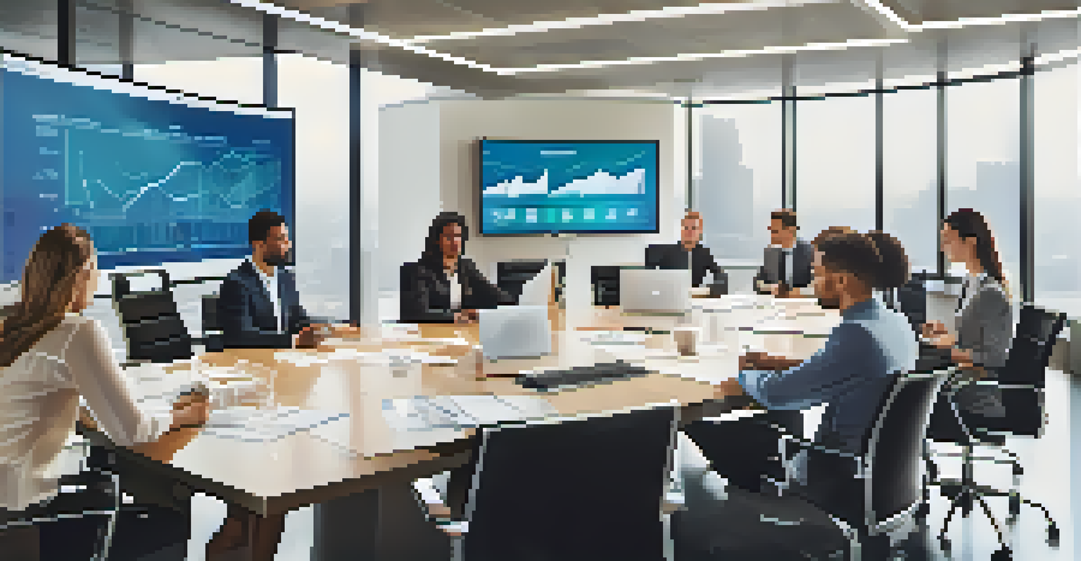 A diverse business team discussing risk assessment in a modern office setting with data analytics displayed on a screen.