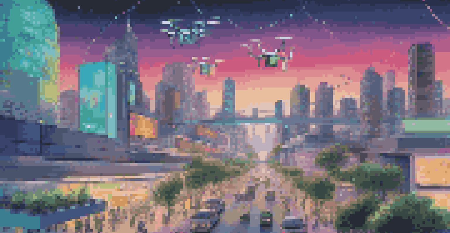 A futuristic smart city with drones, digital billboards, and greenery, showcasing real-time data analytics.