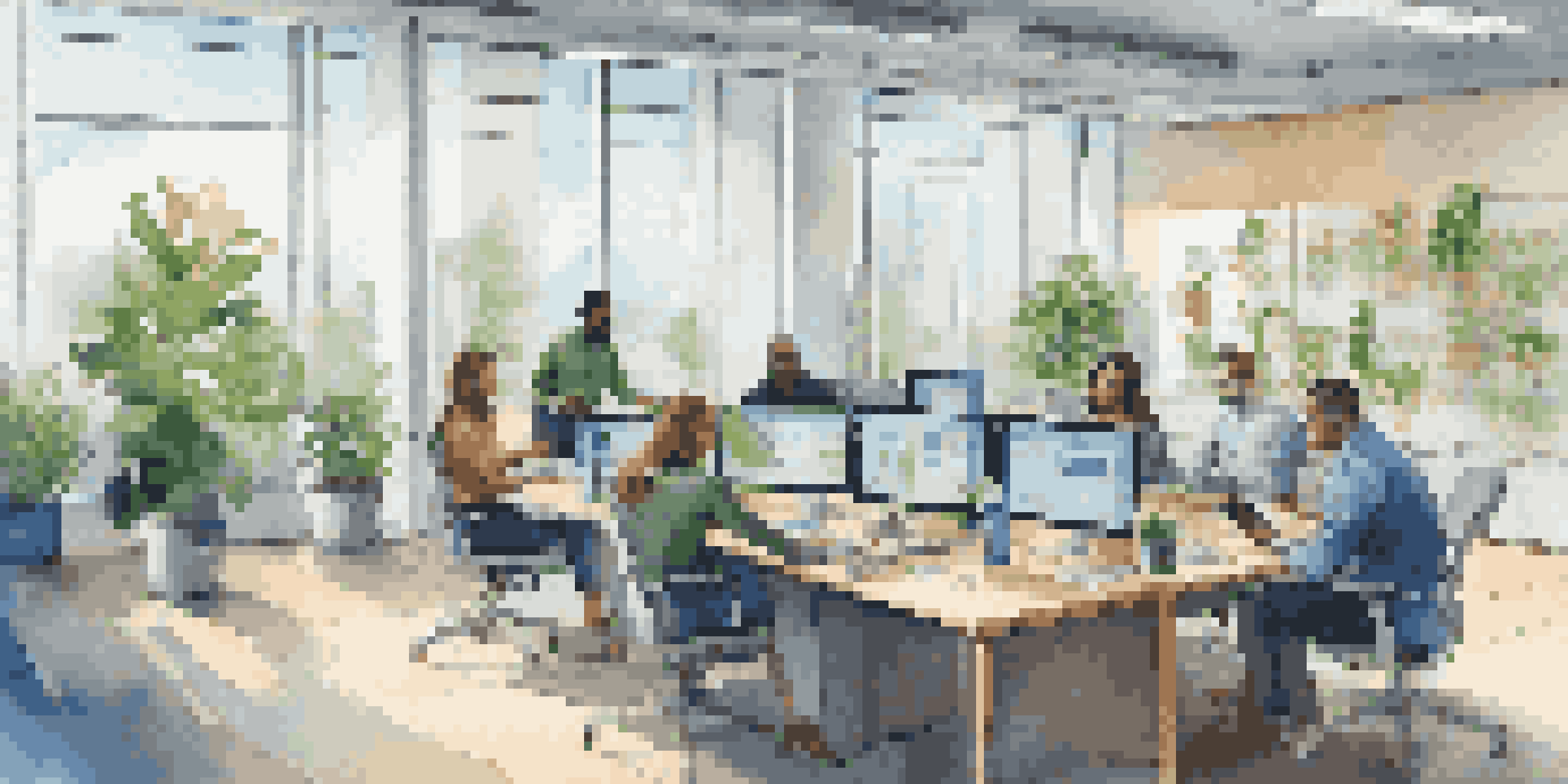 A diverse group of employees collaborating in a bright modern office with large windows and plants, engaged in discussion around a high-tech conference table.