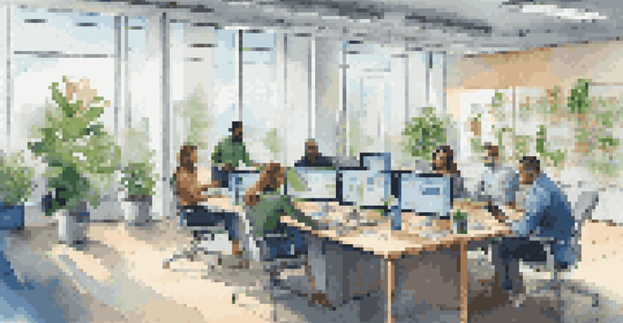 A diverse group of employees collaborating in a bright modern office with large windows and plants, engaged in discussion around a high-tech conference table.
