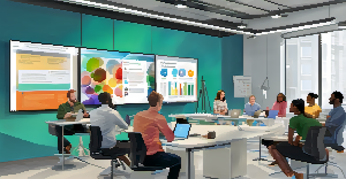 A diverse group of employees participating in a blended learning session with digital screens and a trainer in a bright office.