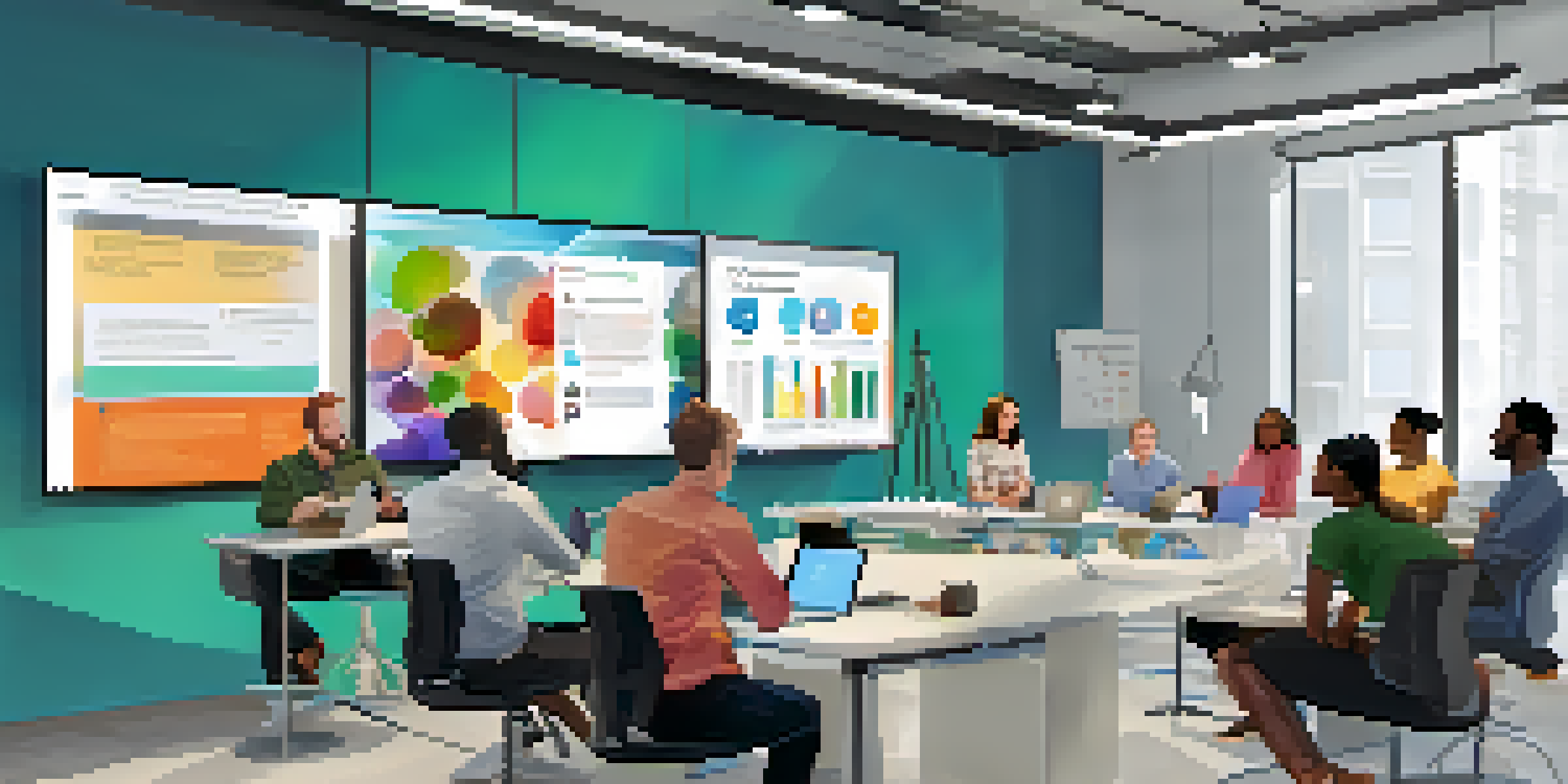 A diverse group of employees participating in a blended learning session with digital screens and a trainer in a bright office.