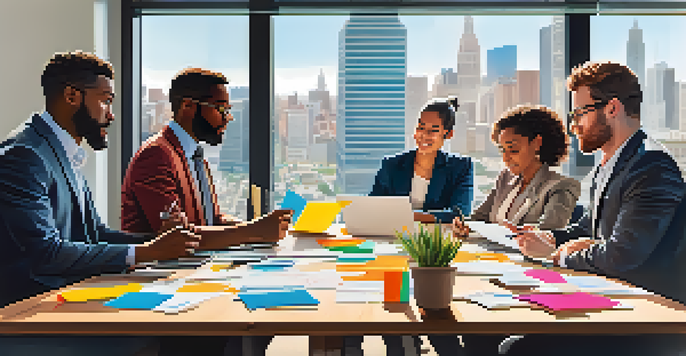 A diverse group of professionals collaborating at a conference table, displaying expressions of focus and teamwork with a cityscape in the background.