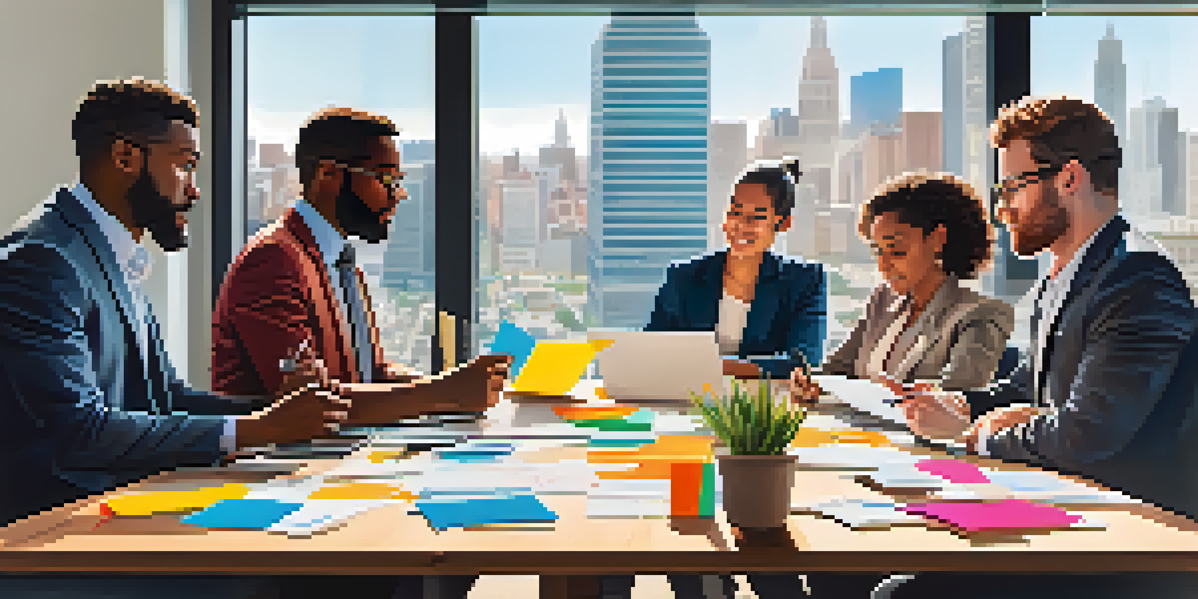 A diverse group of professionals collaborating at a conference table, displaying expressions of focus and teamwork with a cityscape in the background.