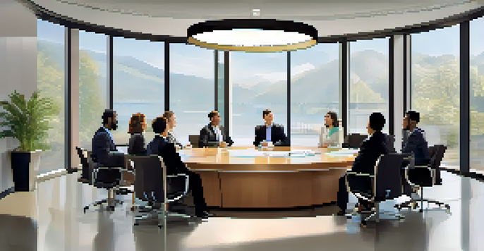 A diverse group of professionals engaged in a friendly business negotiation in a modern conference room with a pie chart displayed on a screen.