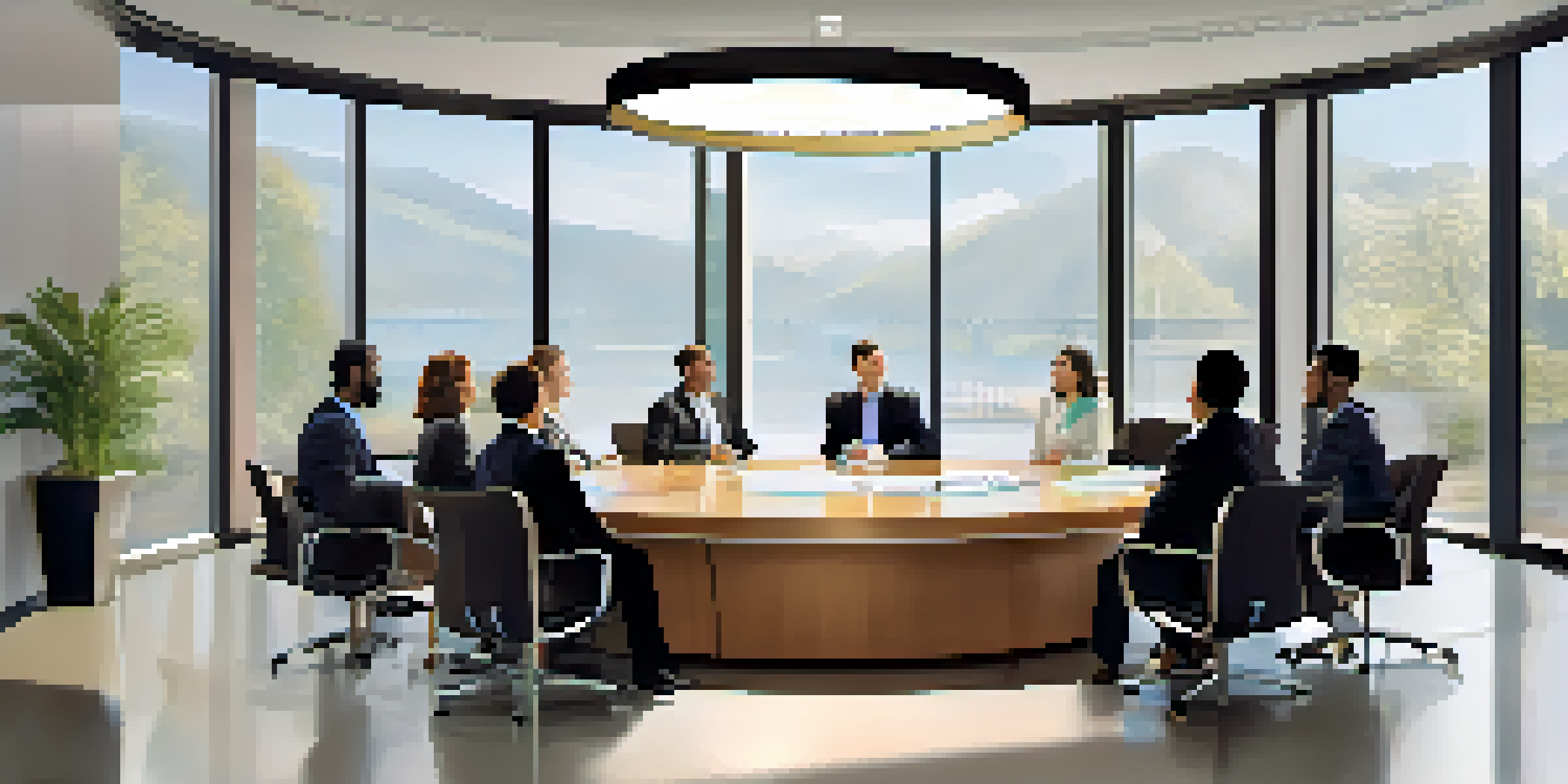 A diverse group of professionals engaged in a friendly business negotiation in a modern conference room with a pie chart displayed on a screen.